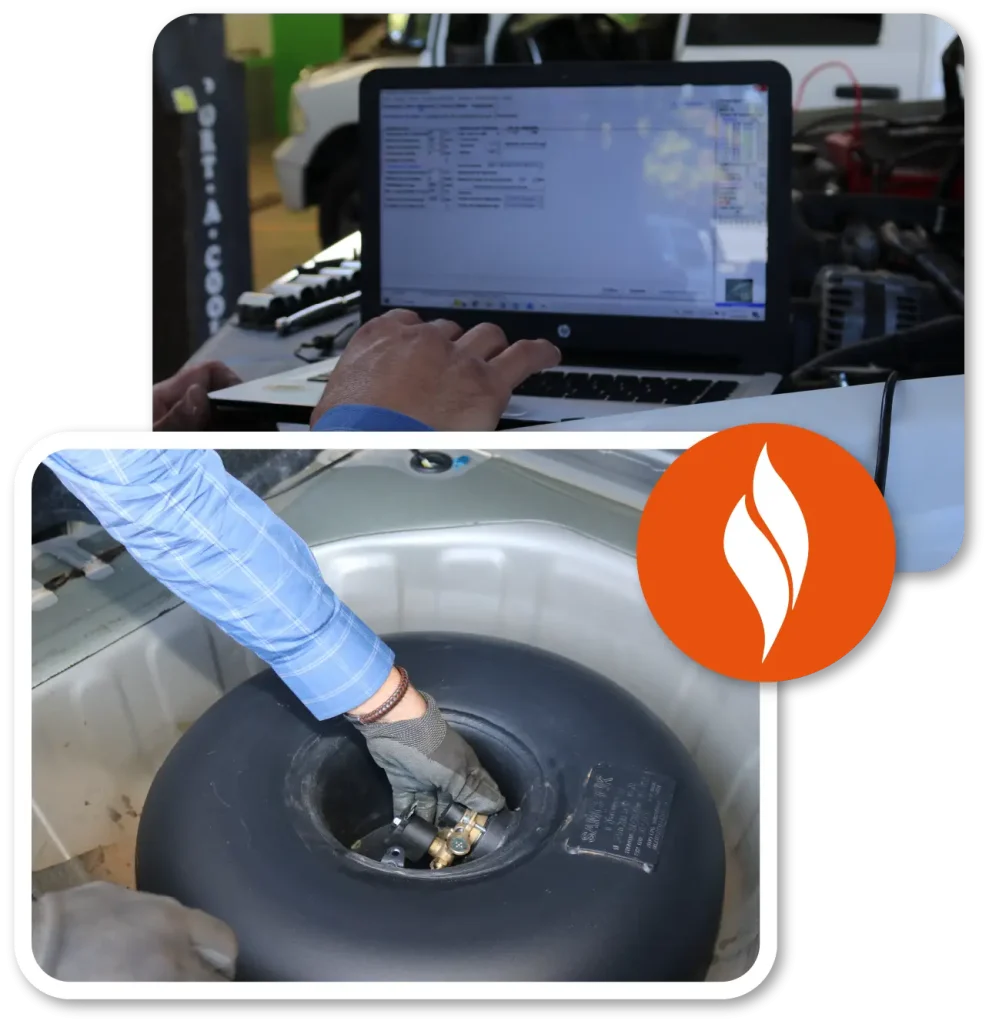 computadora anlizando auto y hombre instalando tanque de gas en cajuela de un auto